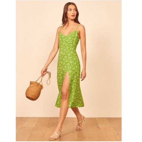 Reformation Floral Dress Crimini Slip Midi Slit Green 8 - Picture 1 of 7